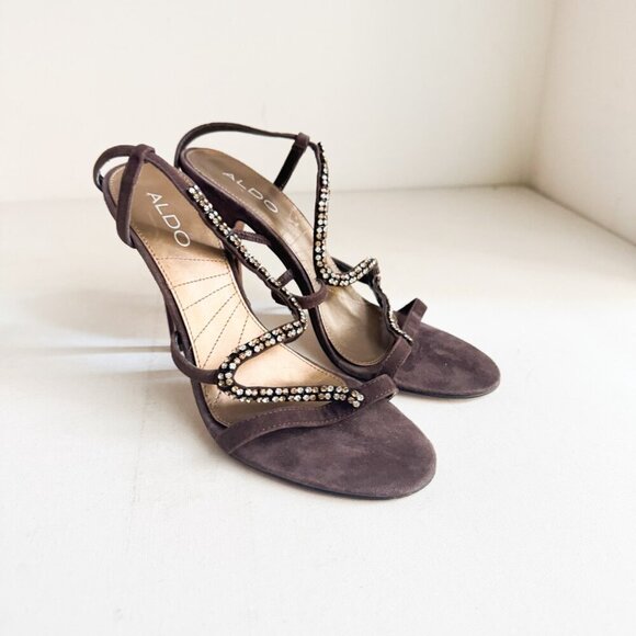 Vintage Aldo Brown Suede Rhinestone Heels 38 - Picture 5 of 10